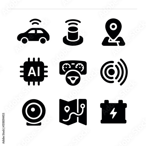Self-Driving Car Icons. Solid, filled icons set of self-driving cars: autonomous car, lidar sensor, GPS module