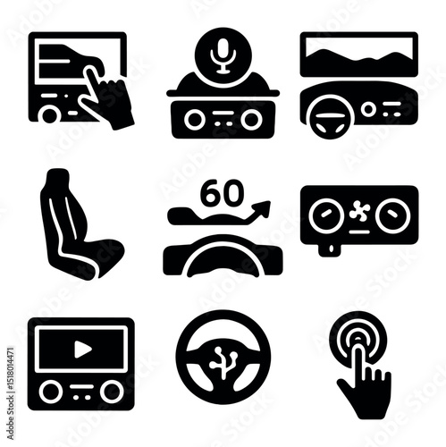 Futuristic Car Interior Icons. Solid, filled icons set of futuristic car interiors: touchscreen dash, voice