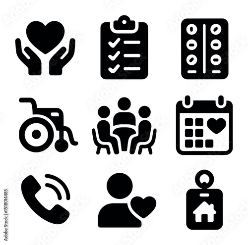 Caregiver Support Icons. Solid, filled icons set of caregiver support tools: heart with hands, clipboard