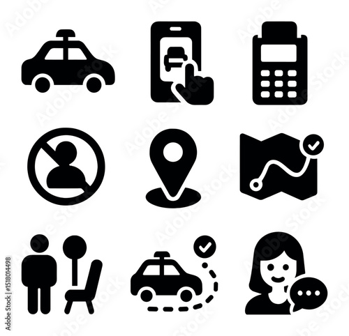 Driverless Taxi Icons. Solid, filled icons set of driverless taxi services: robo-taxi, app booking icon,