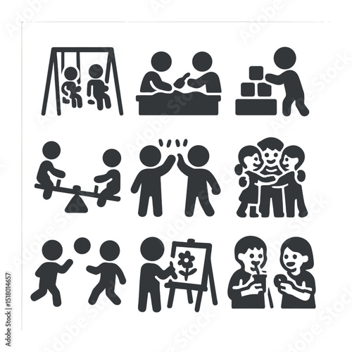 Playdate Icons Grid. Solid, filled icons set of playdates and children interacting with peers: swing set,