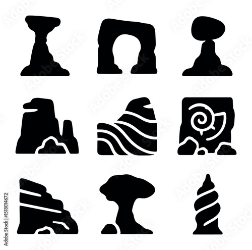 Erosion-Sculpted Rock Icons. Solid, filled icons set of erosion-sculpted rock structures: hoodoo, natural