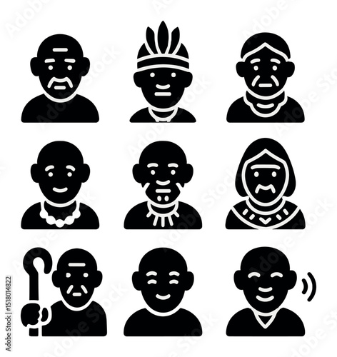 Elders Icon Set. Solid, filled icons set of portraits of elders in indigenous and local communities: elder