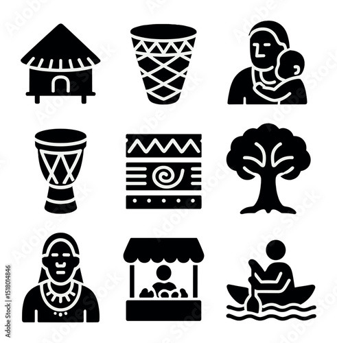 Indigenous Life Icons. Solid, filled icons set of indigenous community life: traditional hut, woven basket,