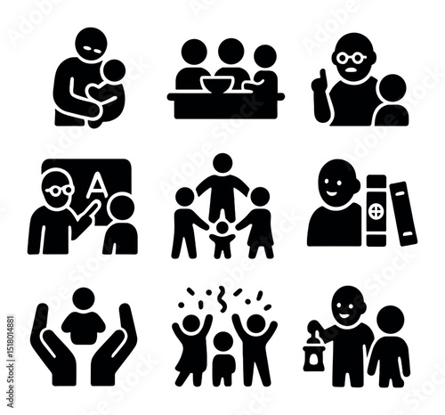 Multigenerational Harmony Icons. Solid, filled icons set of multigenerational harmony: grandparent holding