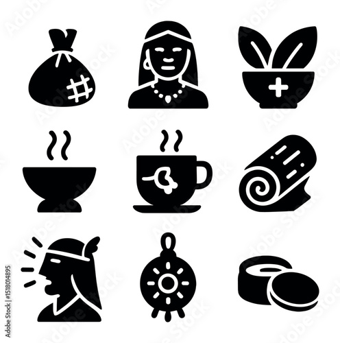 Indigenous Health Icons. Solid, filled icons set of indigenous health practices: herbal poultice, elder healer
