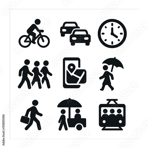 City Commuter Icons. Solid, filled icons set of commuter habits in cities: morning cyclist, car queue, rush