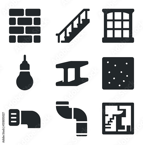 Industrial Design Icons. Solid, filled icons set of industrial home design and architecture: exposed brick