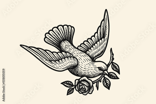 Flying dove with rose engraving style vector illustration