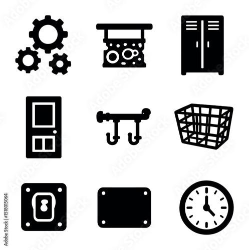 Industrial Decor Icons. Solid, filled icons set of repurposed industrial decor: gear wall art, engine base