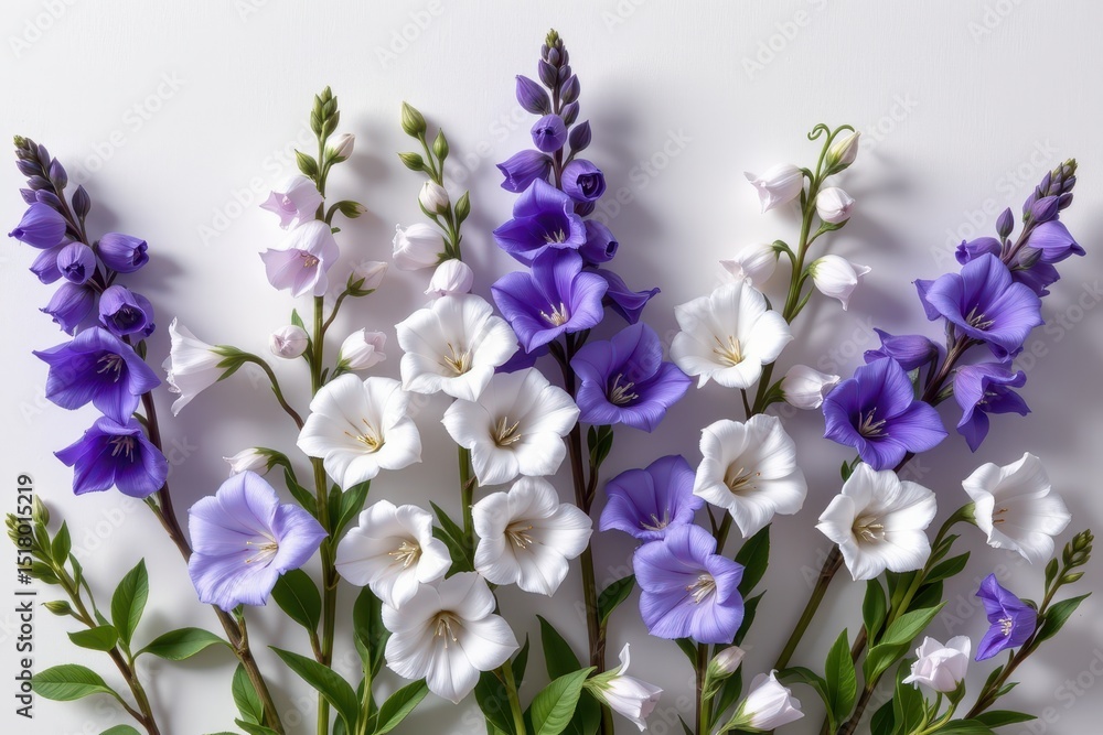 chic display of bellflowers in a minimalist style, using soft periwinkle and white colors, soft shadows, clean contours, sleek design, high resolution chic display of bellflowers in a minimalist style, using soft periwinkle and white colors, soft shadows, clean contours, sleek design, high resolution