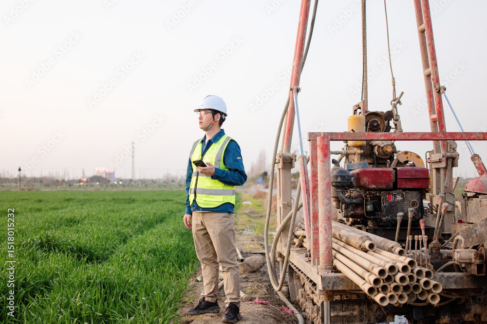 Fototapeta premium asian male engineer using smart phone in construction site