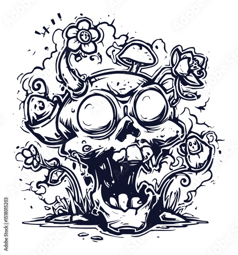 Modern Hand-Drawn Illustration of a Skull Surrounded by Flowers and Fungi