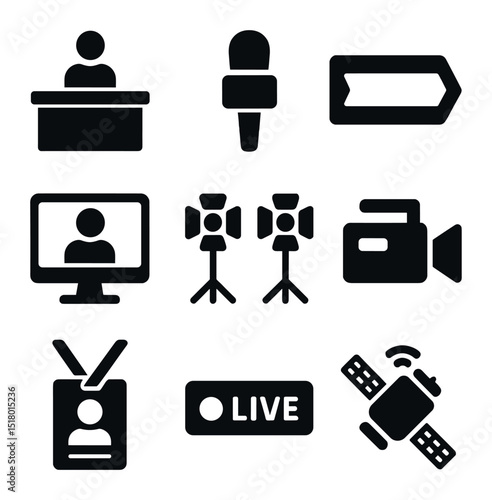 Broadcast Icon Set. Solid, filled icons set of news broadcasting: newsroom desk, anchor mic, breaking news