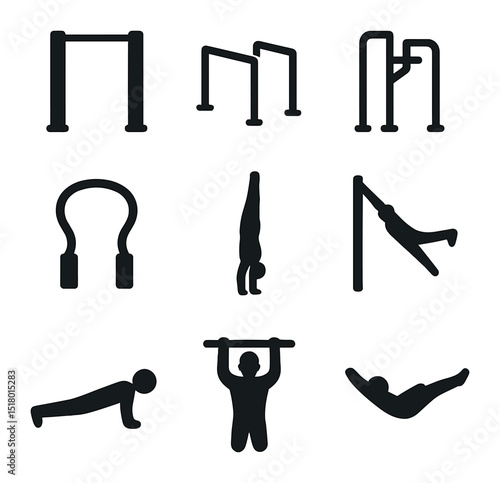 Calisthenics Icons Set. Solid, filled icons set of calisthenics workout elements: pull-up bar, parallel bars,