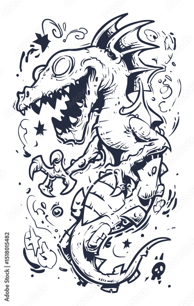 Obraz premium Bold Hand-Drawn Illustration of a Modern Dragon Design with Creative Elements