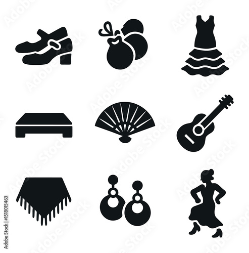 Flamenco Performance Icons. Solid, filled icons set of flamenco performance icons: flamenco shoes, castanets,
