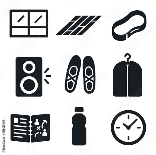 Dance Studio Icons. Solid, filled icons set of dance rehearsal setting: mirror wall, wood plank floor,