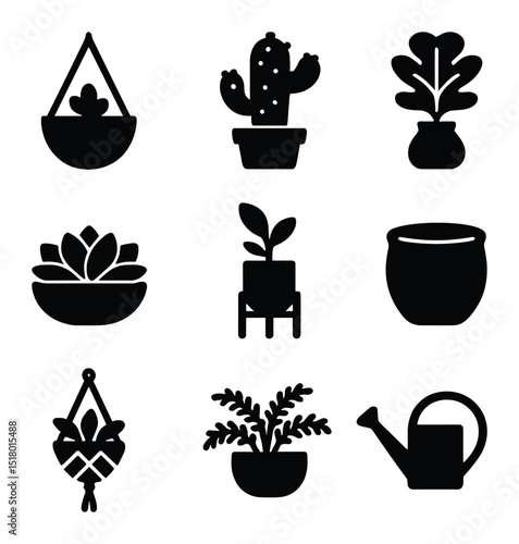 Plant Decor Icons. Solid, filled icons set of plant decor: hanging planter, potted cactus, fiddle leaf fig,