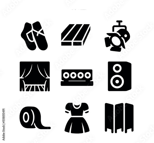Stage Performance Icons. Solid, filled icons set of stage performance setup: stage shoes, wood floor, stage
