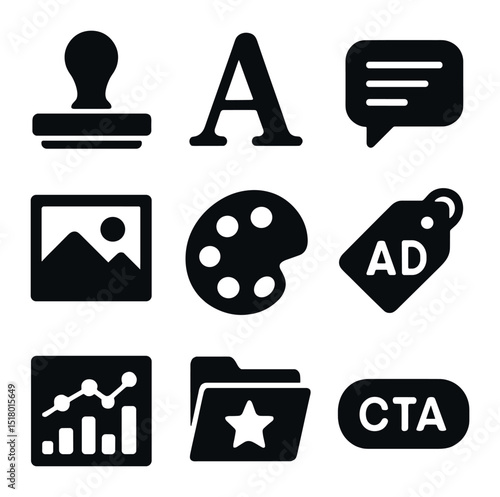 Influencer Branding Icons. Solid, filled icons set of influencer branding tools: logo stamp, custom font,