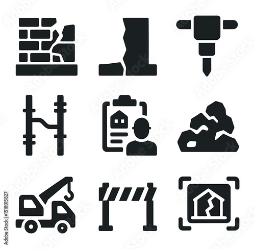 Earthquake Repair Icons. Solid, filled icons set of earthquake damage repairs: collapsed wall, foundation