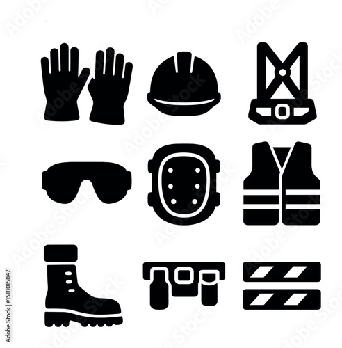 Emergency Worker Gear Icons. Solid, filled icons set of emergency worker gear: protective gloves, hard hat,