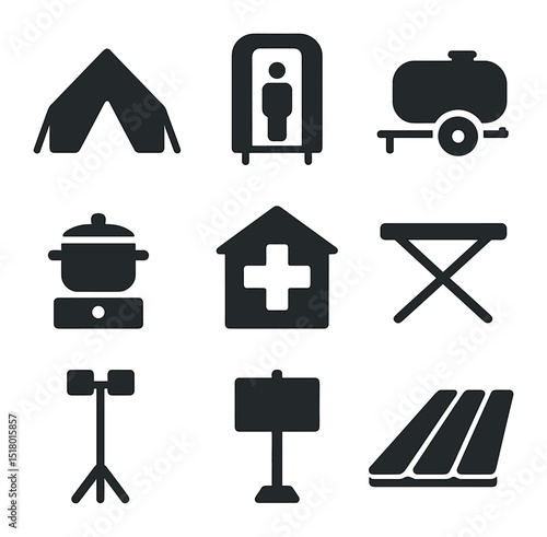 Temporary Infrastructure Icons. Solid, filled icons set of temporary infrastructure setups: tent shelter,