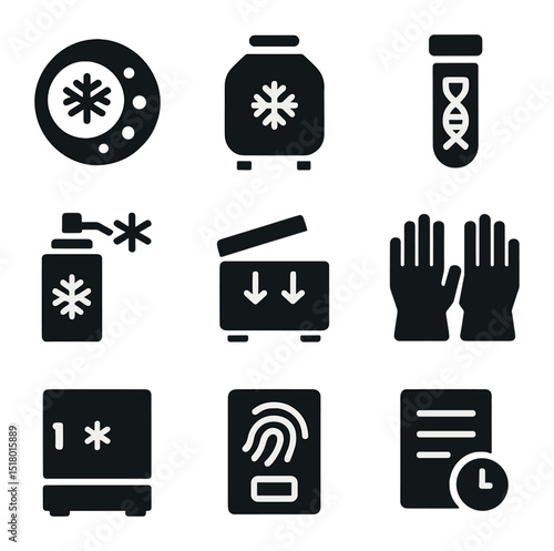 Cryopreservation Icon Set. Solid, filled icons set of cryopreservation process: frozen cell, preservation tank