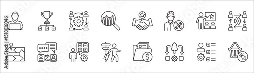 Business and management icon set. Contains symbol of businessman, target, leadership, progress, holiday, data, stock, market, accounting, training, resource, finance, service. Vector illustration