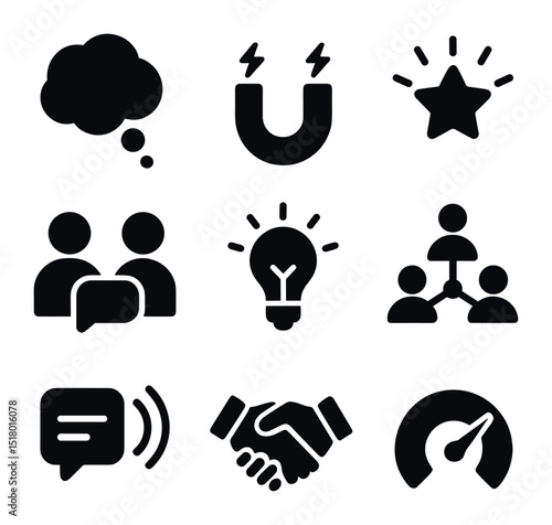 Influence Icons Grid. Solid, filled icons set of influence and persuasion: thought bubble, magnet, charm star,