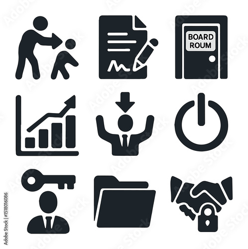 Corporate Power Icons. Solid, filled icons set of corporate power play: hostile takeover icon, document