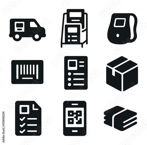 Magazine Distribution Icons. Solid, filled icons set of magazine distribution: delivery van, newsstand rack,