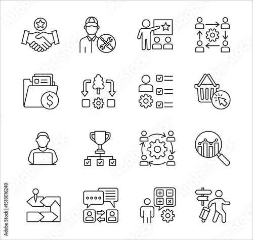 Business company Icon set. Management icon set. Contains symbol of teamwork, data, asset, stock, resource, employee, businessman, target, finance, holiday, meeting, education. Vector illustration