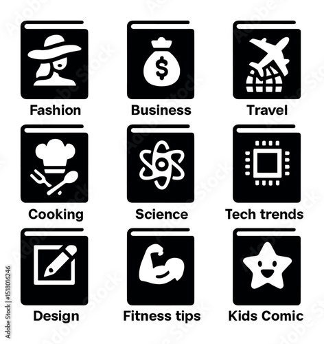 Magazine Icons Grid. Solid, filled icons set of magazine categories: fashion title, business magazine, travel