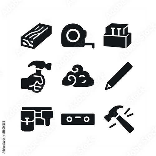Carpentry Essentials Icons. Solid, filled icons set of carpentry essentials: wood plank, tape measure, nail