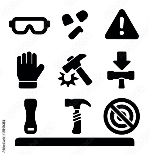 Hammer Safety Icons. Solid, filled icons set of hammer safety guidelines: safety goggles, earplugs, warning