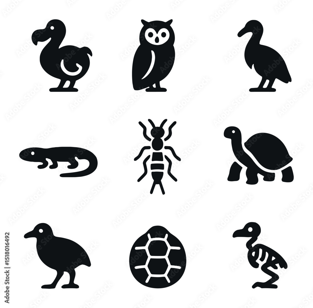 Obraz premium Extinct Island Species Icons. Solid, filled icons set of extinct island species: dodo, Mauritius owl,
