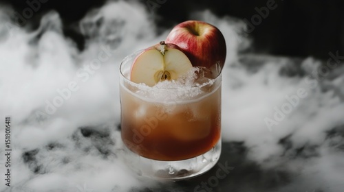 autumn-themed mocktail with apple, cinnamon, and dry ice fog