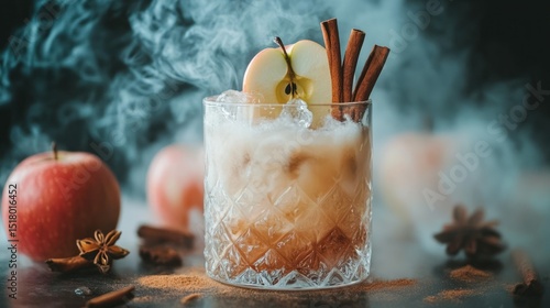 autumn-themed mocktail with apple, cinnamon, and dry ice fog