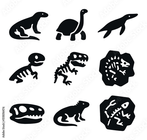 Extinct Reptile Icons. Solid, filled icons set of extinct reptiles: megalania, Pinta Island tortoise,