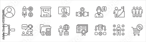 Business and management icon set. Contains symbol of businessman, target, leadership, progress, holiday, data, stock, market, accounting, training, resource, finance, service. Vector illustration
