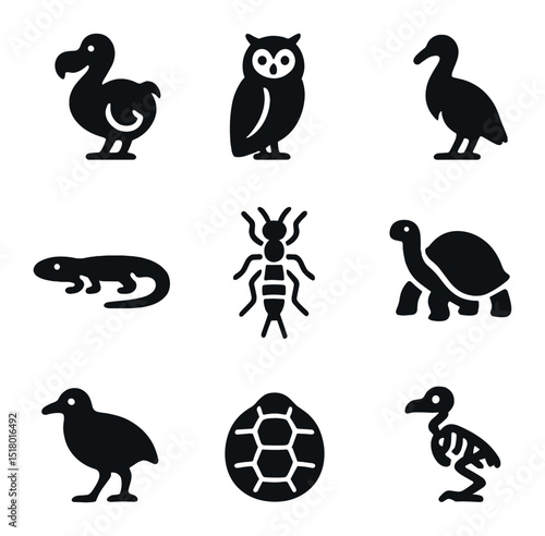 Extinct Island Species Icons. Solid, filled icons set of extinct island species: dodo, Mauritius owl,
