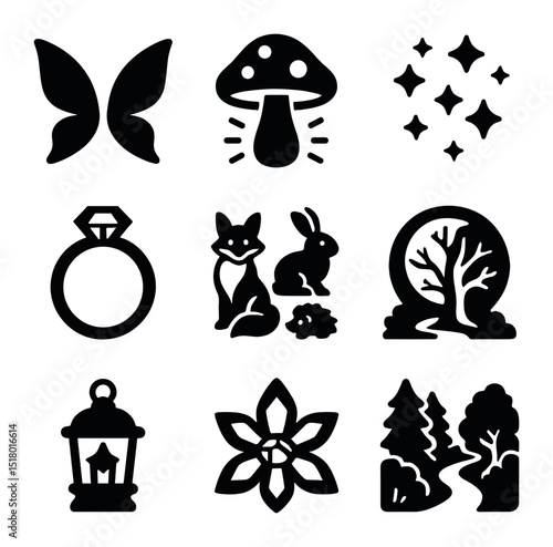 Forest Fairy Icons. Solid, filled icons set of forest fairy tales: fairy wings, glowing mushroom, magic dust,