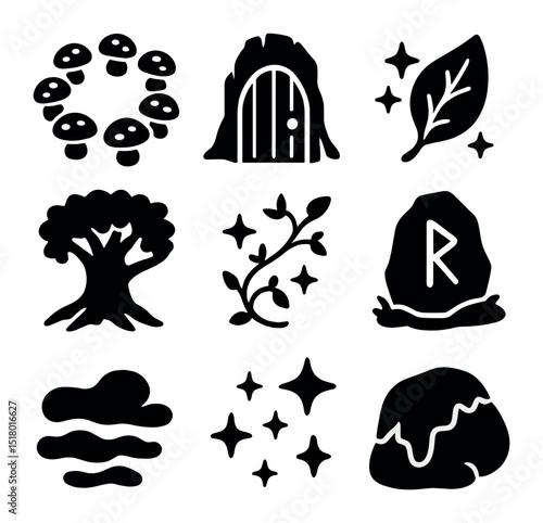 Mystical Forest Icons Set. Solid, filled icons set of magical forest elements: toadstool ring, fairy door,