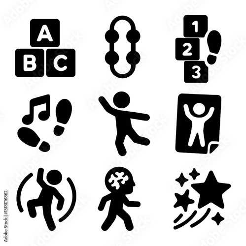 Interactive Learning Icons. Solid, filled icons set of interactive learning through movement: ABC tiles, hop