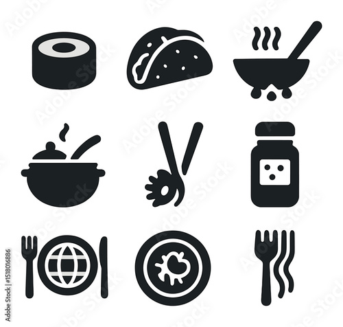 International Cuisine Icons. Solid, filled icons set of international cuisine cooking classes: sushi roll,