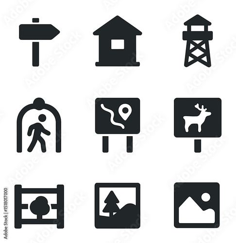National Park Icons. Solid, filled icons set of national parks and reserves: trail sign, ranger station,