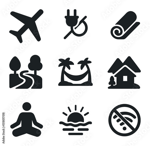 Digital Detox Icons. Solid, filled icons set of traveling for digital detox and relaxation: airplane mode,