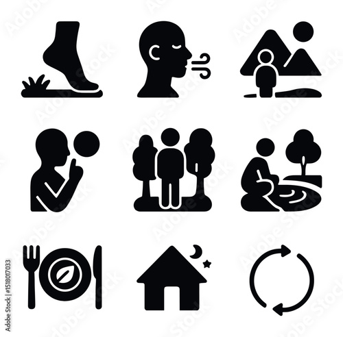 Mindful Travel Icons. Solid, filled icons set of mindful travel experiences: barefoot walk, deep breath icon,